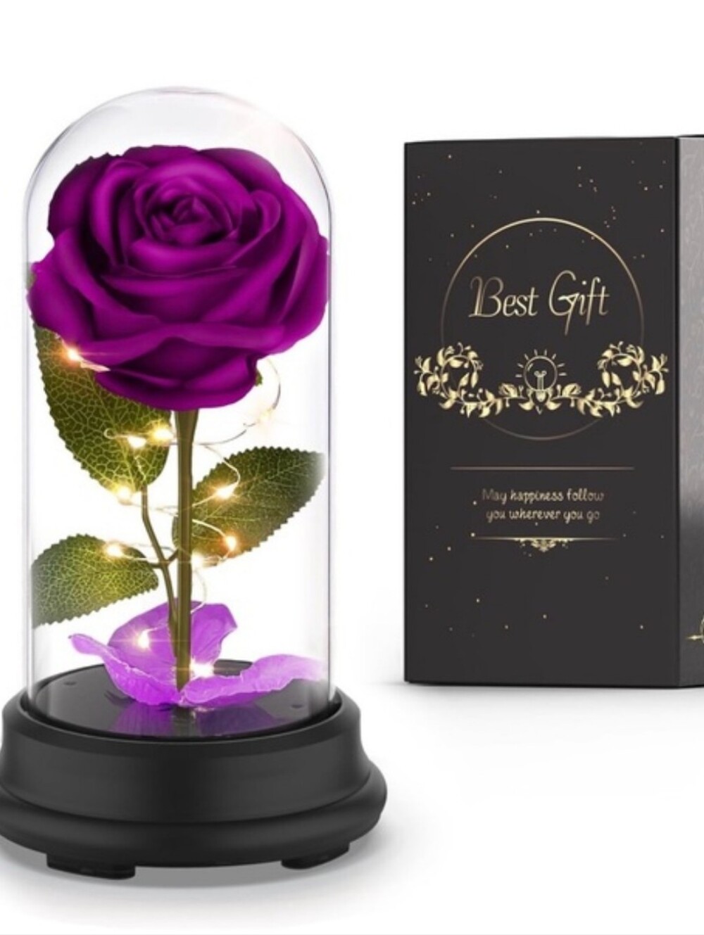Purple Preserved Rose Dome with LED Lights — Decorative Home Sculpture